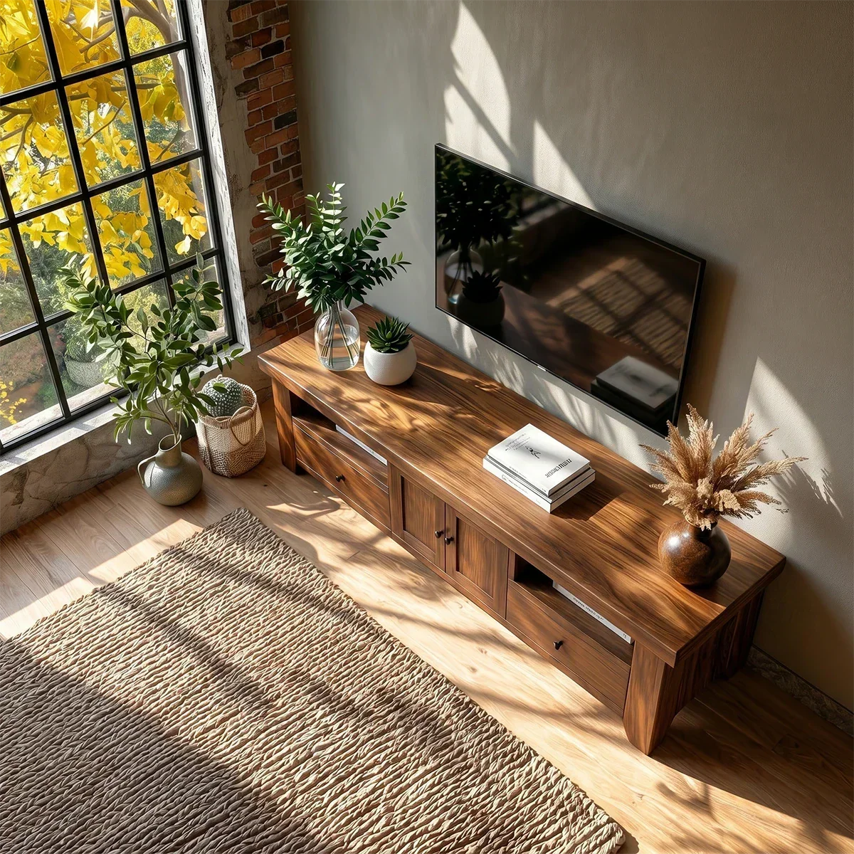Natural Wood TV Stand with Drawers, Center Cabinet and Open Shelf for Modern Living Room - Arboriswood - 6