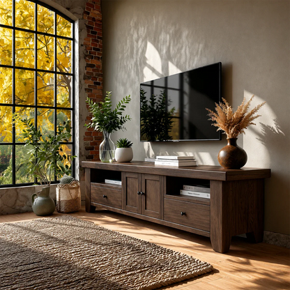 Natural Wood TV Stand with Drawers, Center Cabinet and Open Shelf for Modern Living Room - ArborisWood - 7