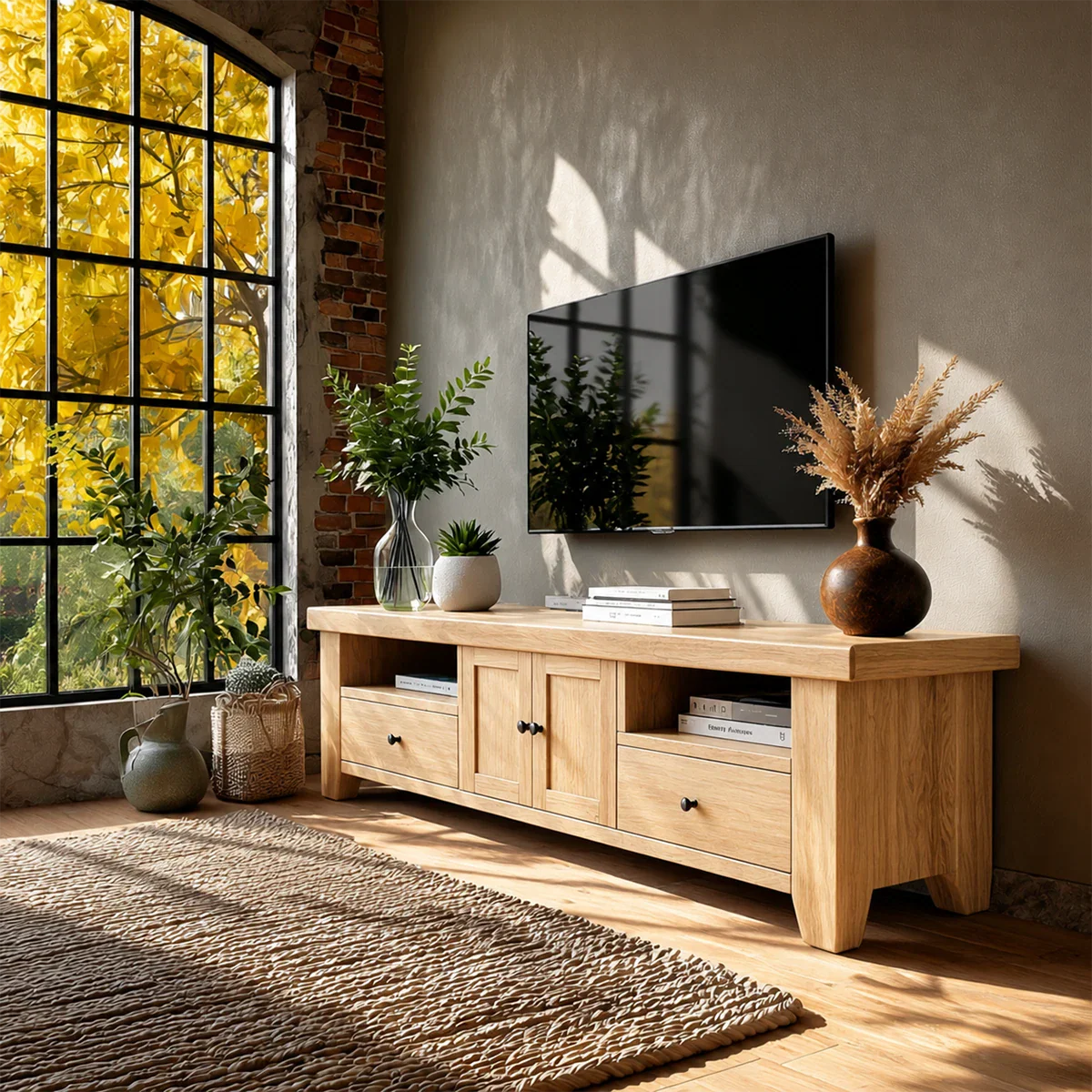 Natural Wood TV Stand with Drawers, Center Cabinet and Open Shelf for Modern Living Room - ArborisWood - 8