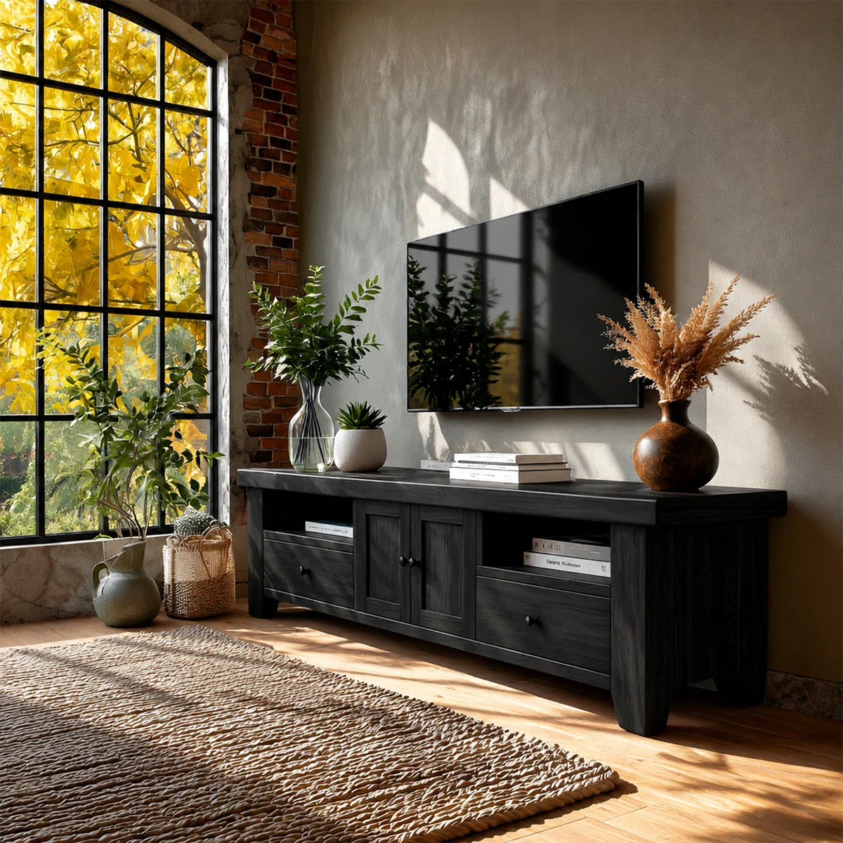 Natural Wood TV Stand with Drawers, Center Cabinet and Open Shelf for Modern Living Room - ArborisWood - 9