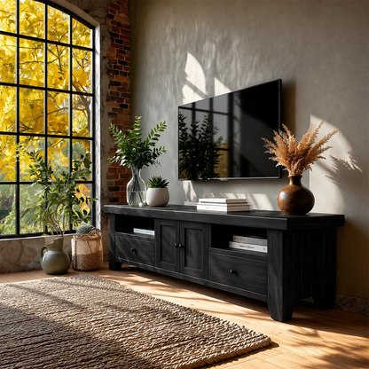 Natural Wood TV Stand with Drawers, Center Cabinet and Open Shelf for Modern Living Room - ArborisWood - 9