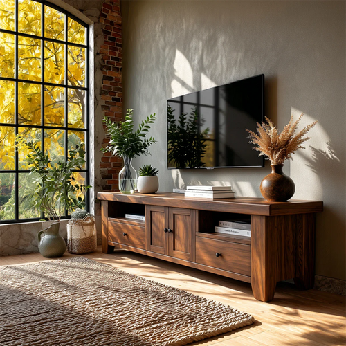 Natural Wood TV Stand with Drawers, Center Cabinet and Open Shelf for Modern Living Room - ArborisWood