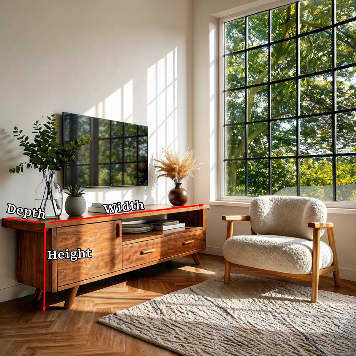 Natural Wood TV Stand with Hinged Doors, Drawers and Open Shelf for Living Room - ArborisWood - 11