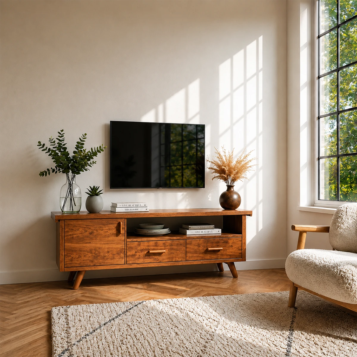 Natural Wood TV Stand with Hinged Doors, Drawers and Open Shelf for Living Room - ArborisWood - 12