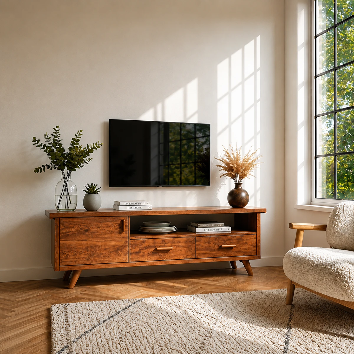 Natural Wood TV Stand with Hinged Doors, Drawers and Open Shelf for Living Room - ArborisWood - 13