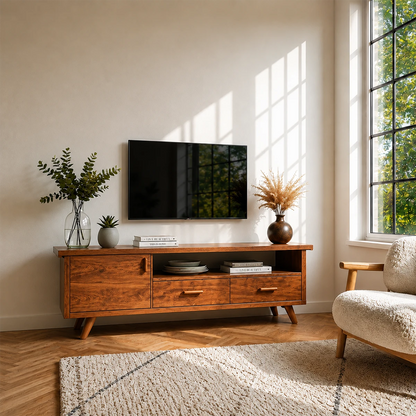 Natural Wood TV Stand with Hinged Doors, Drawers and Open Shelf for Living Room - ArborisWood - 13