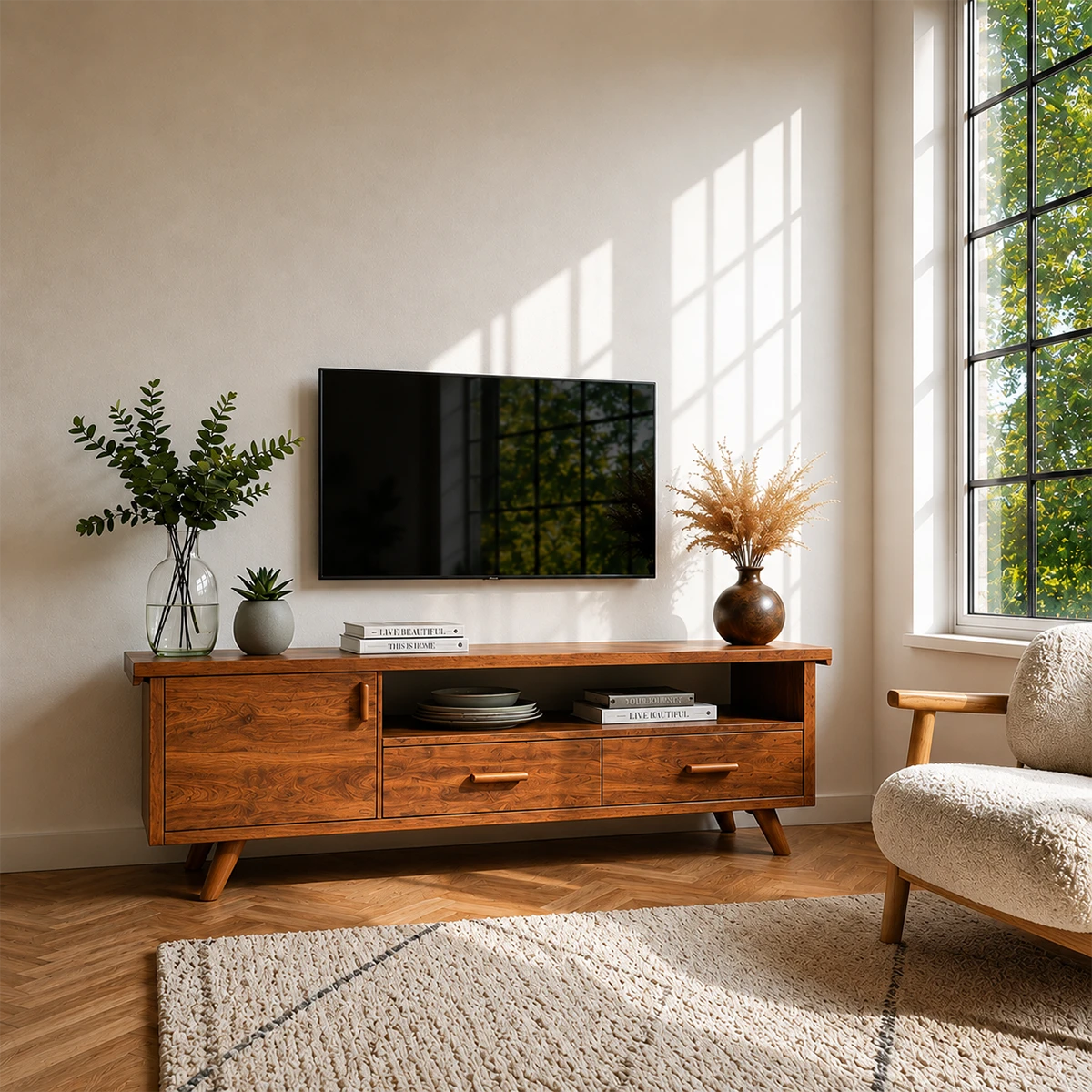 Natural Wood TV Stand with Hinged Doors, Drawers and Open Shelf for Living Room - ArborisWood - 14