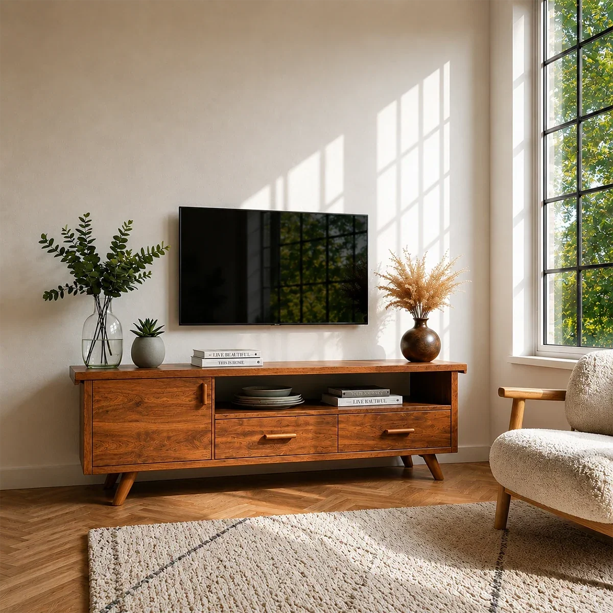 Natural Wood TV Stand with Hinged Doors, Drawers and Open Shelf for Living Room - Arboriswood - 14