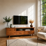 Natural Wood TV Stand with Hinged Doors, Drawers and Open Shelf for Living Room - Arboriswood - 14