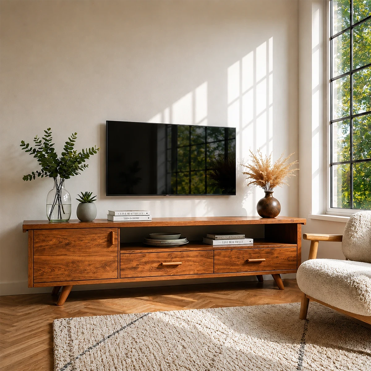 Natural Wood TV Stand with Hinged Doors, Drawers and Open Shelf for Living Room - ArborisWood - 15