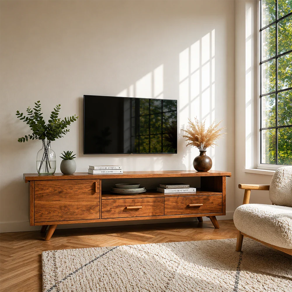 Natural Wood TV Stand with Hinged Doors, Drawers and Open Shelf for Living Room - ArborisWood - 3