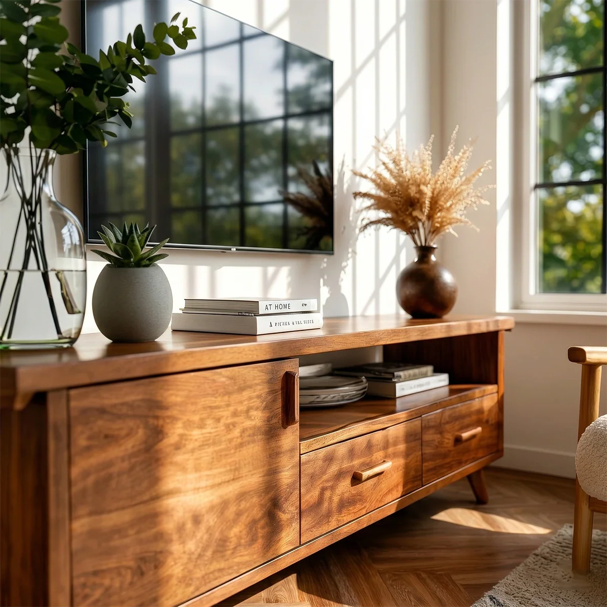 Natural Wood TV Stand with Hinged Doors, Drawers and Open Shelf for Living Room - ArborisWood - 4