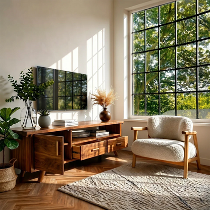 Natural Wood TV Stand with Hinged Doors, Drawers and Open Shelf for Living Room - ArborisWood - 5