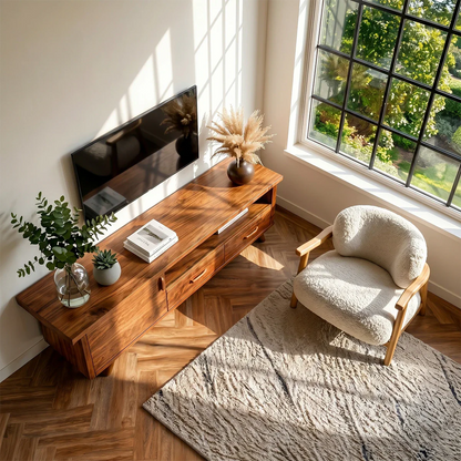 Natural Wood TV Stand with Hinged Doors, Drawers and Open Shelf for Living Room - ArborisWood - 6
