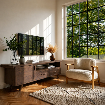 Natural Wood TV Stand with Hinged Doors, Drawers and Open Shelf for Living Room - ArborisWood - 7