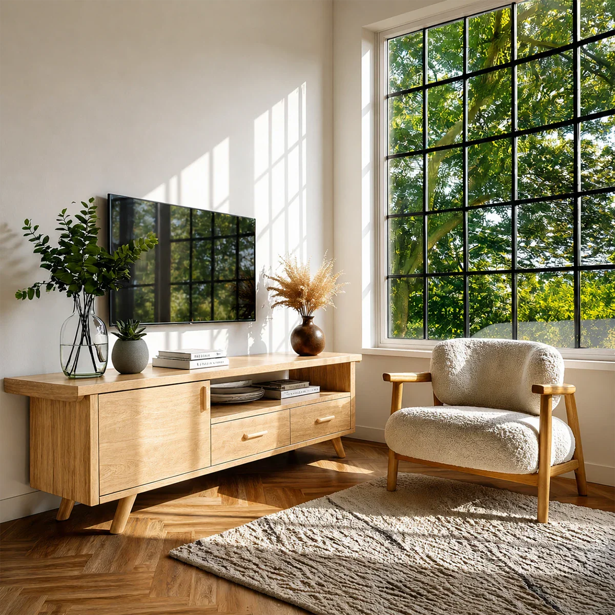 Natural Wood TV Stand with Hinged Doors, Drawers and Open Shelf for Living Room - ArborisWood - 8