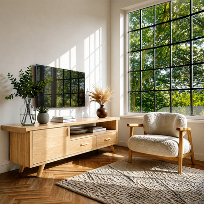 Natural Wood TV Stand with Hinged Doors, Drawers and Open Shelf for Living Room - ArborisWood - 8