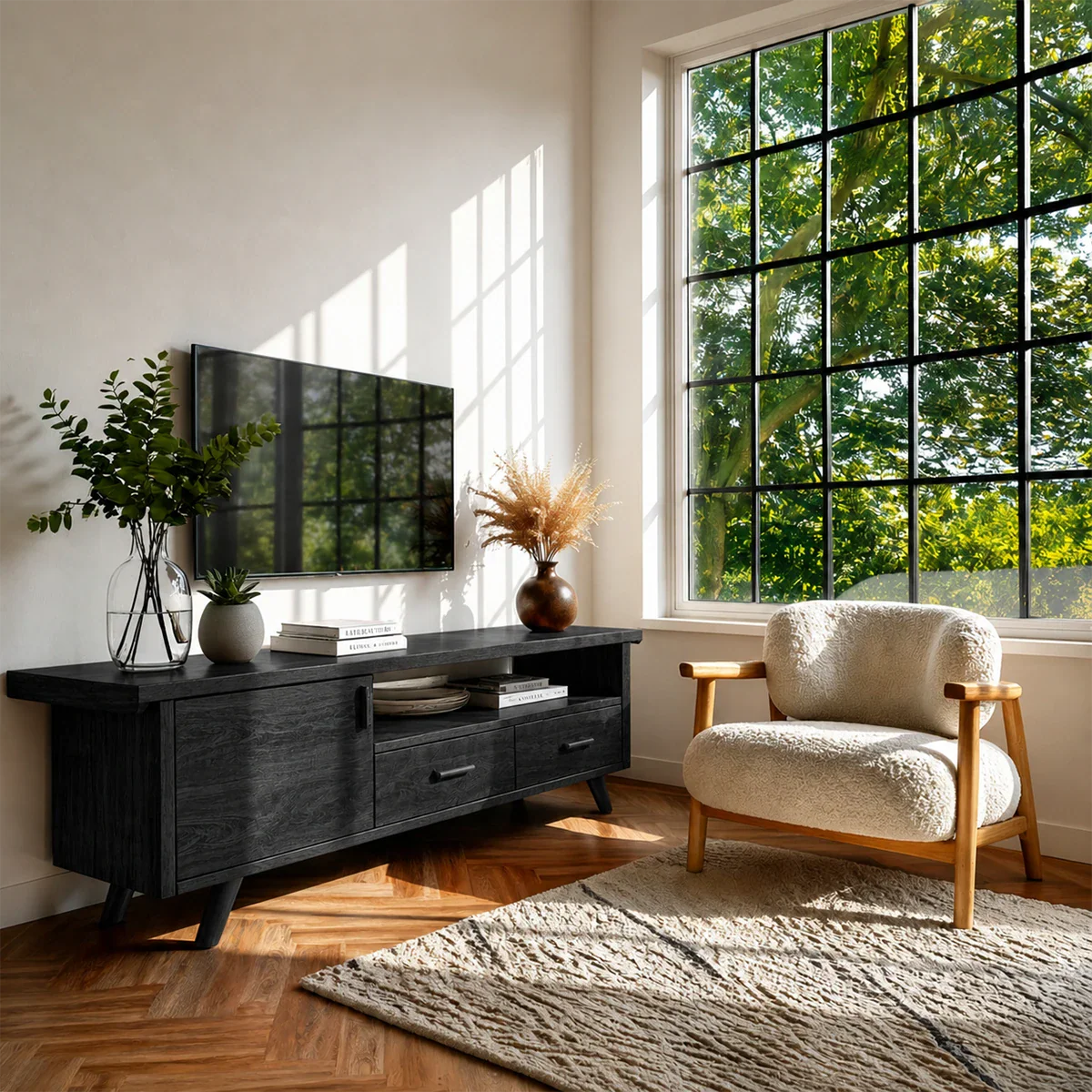 Natural Wood TV Stand with Hinged Doors, Drawers and Open Shelf for Living Room - ArborisWood - 9
