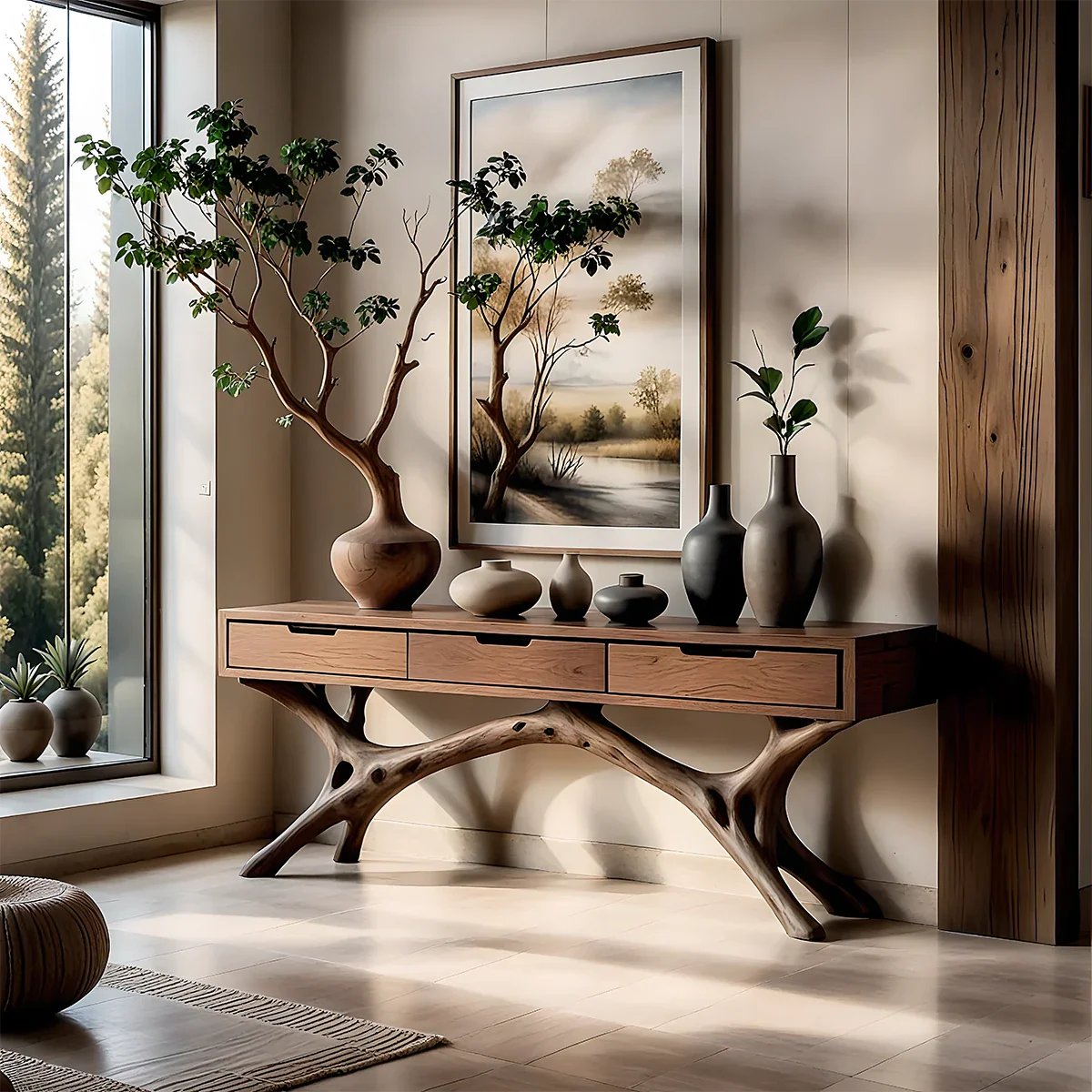 Nature-Inspired Branch Console Table in Natural Solid Wood with Drawers - ArborisWood