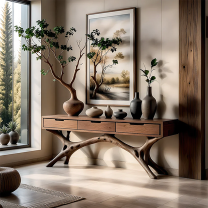 Nature-Inspired Branch Console Table in Natural Solid Wood with Drawers - ArborisWood