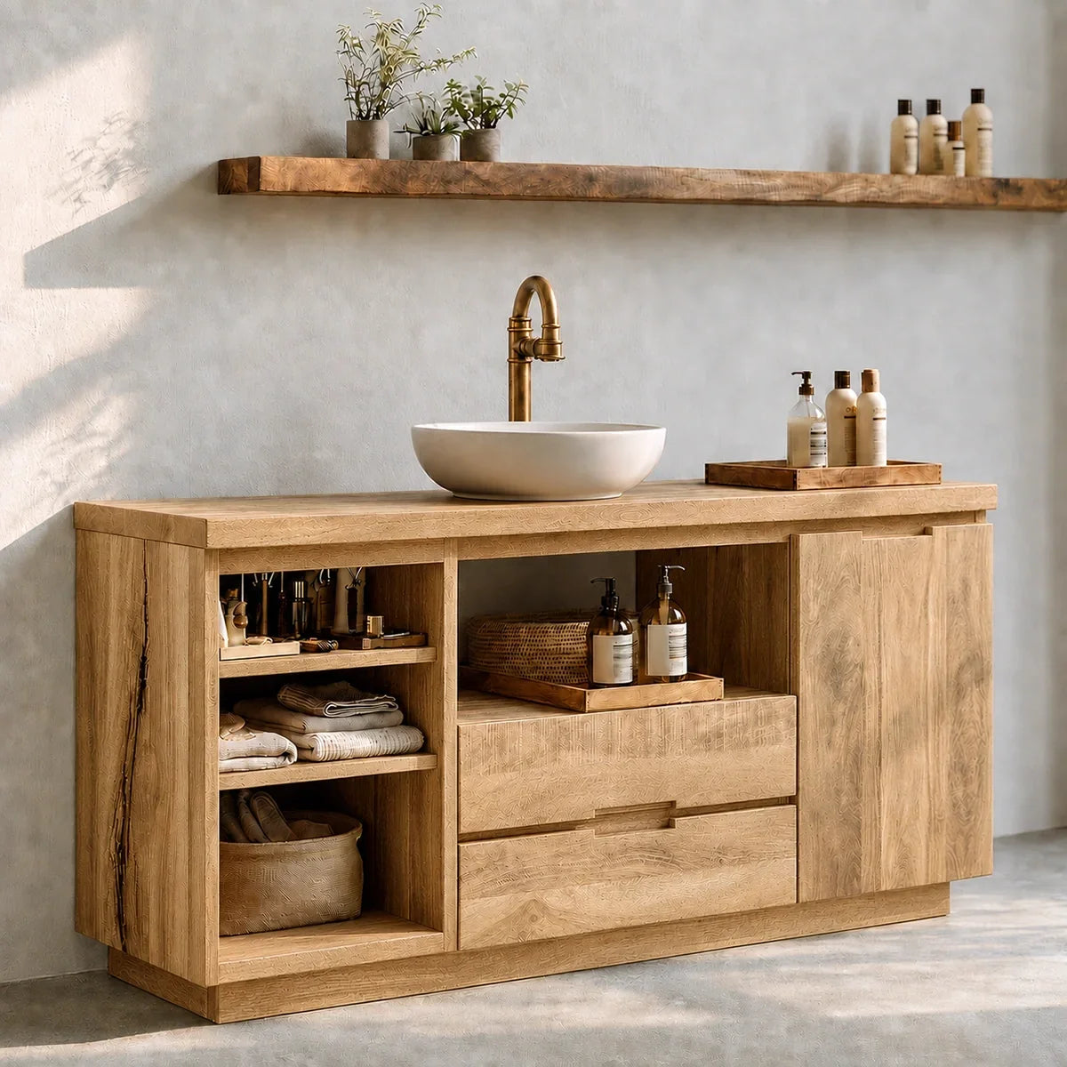 Bathroom Vanity with Open Shelving and Cabinet Doors in Natural Solid Wood - Arboriswood - 7