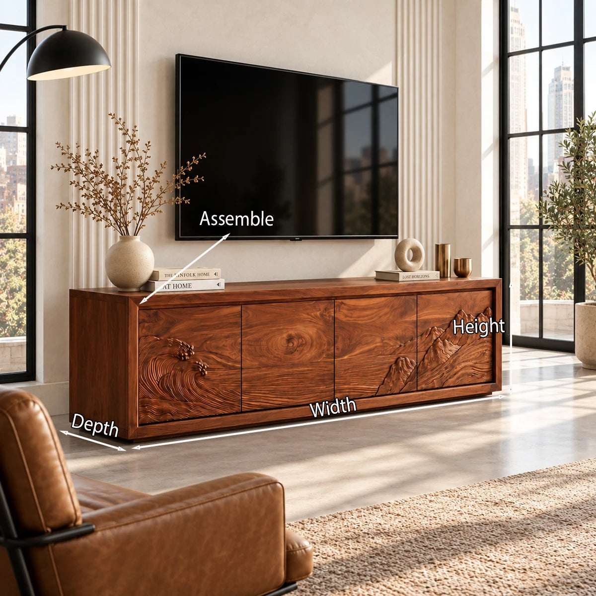 Refined TV media cabinet in solid wood with scenic artwork and concealed door storage

