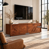 Refined TV media cabinet in solid wood with scenic artwork and concealed door storage

