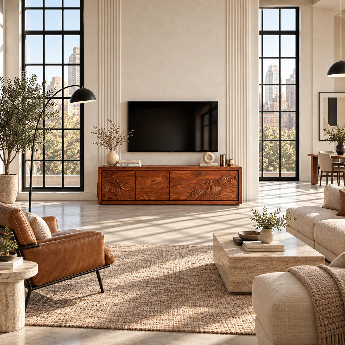 Modern media console in solid wood with scenic relief panels and broad concealed storage
