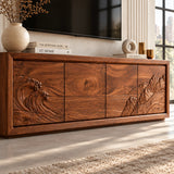 Low-profile TV console in solid wood with landscape carving and clean cabinet doors
