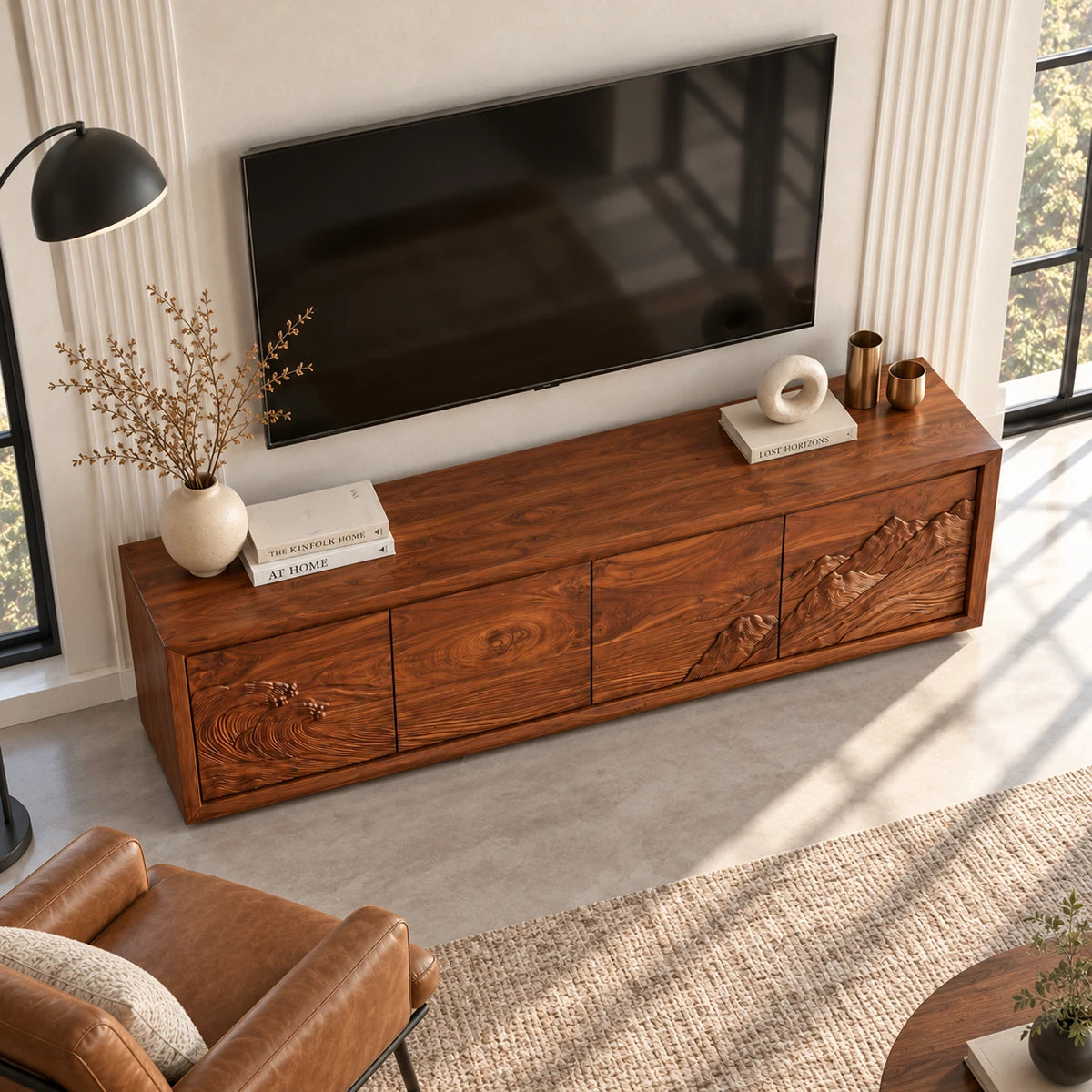 Minimalist TV cabinet in solid wood with sculpted scenic fronts and wide storage space
