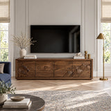 Designer entertainment unit in solid wood with carved landscape doors and sleek frame
