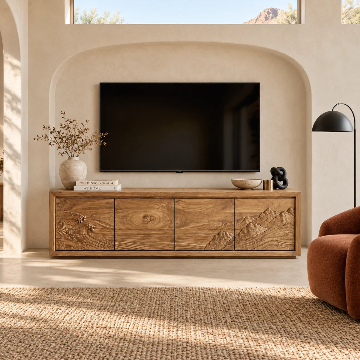 Architectural media stand in solid wood with ocean relief and mountain motif details
