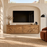 Architectural media stand in solid wood with ocean relief and mountain motif details
