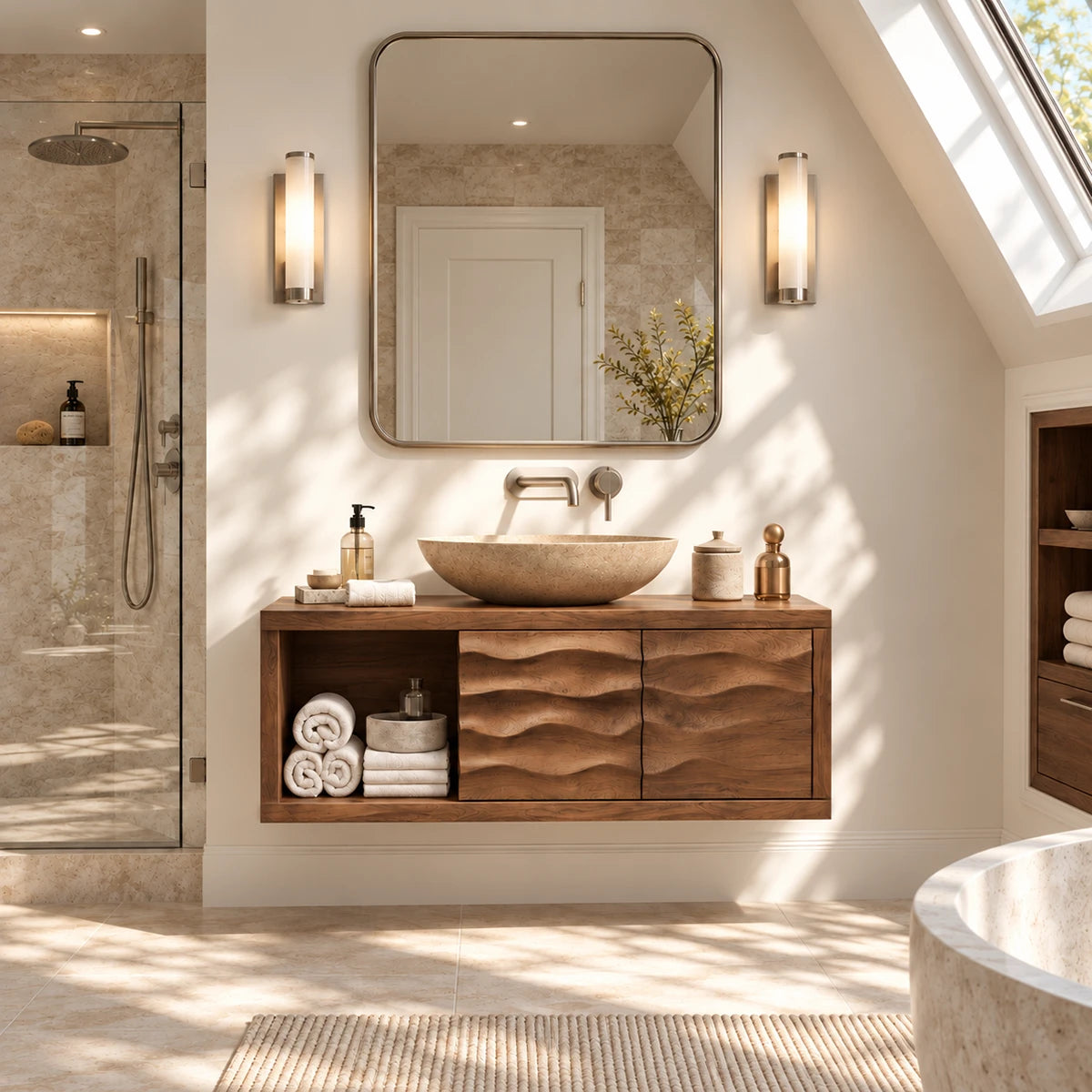 Natural solid wood vanity furniture with two sculpted doors and accessible side storage