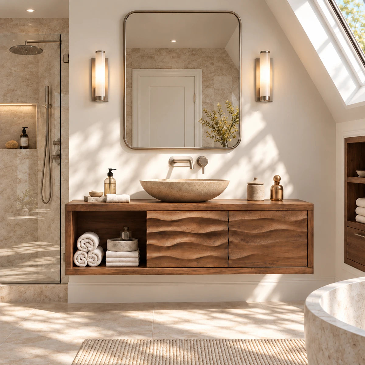 Refined wall mounted vanity in natural solid wood with wave relief and towel shelving
