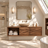Architectural bath vanity in natural solid wood with carved fronts and offset open shelf