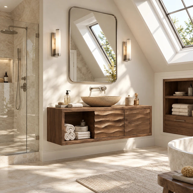 Offset storage bathroom vanity in natural solid wood with carved doors and open cubby
