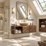 Gallery inspired bath cabinet in natural solid wood with relief panels and open cubby