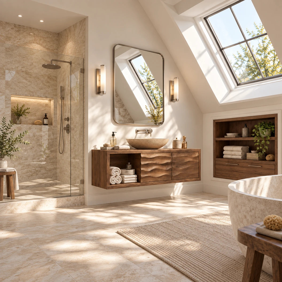 Natural solid wood vanity unit with sculpted double doors and side towel compartment