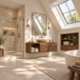 Natural solid wood vanity unit with sculpted double doors and side towel compartment