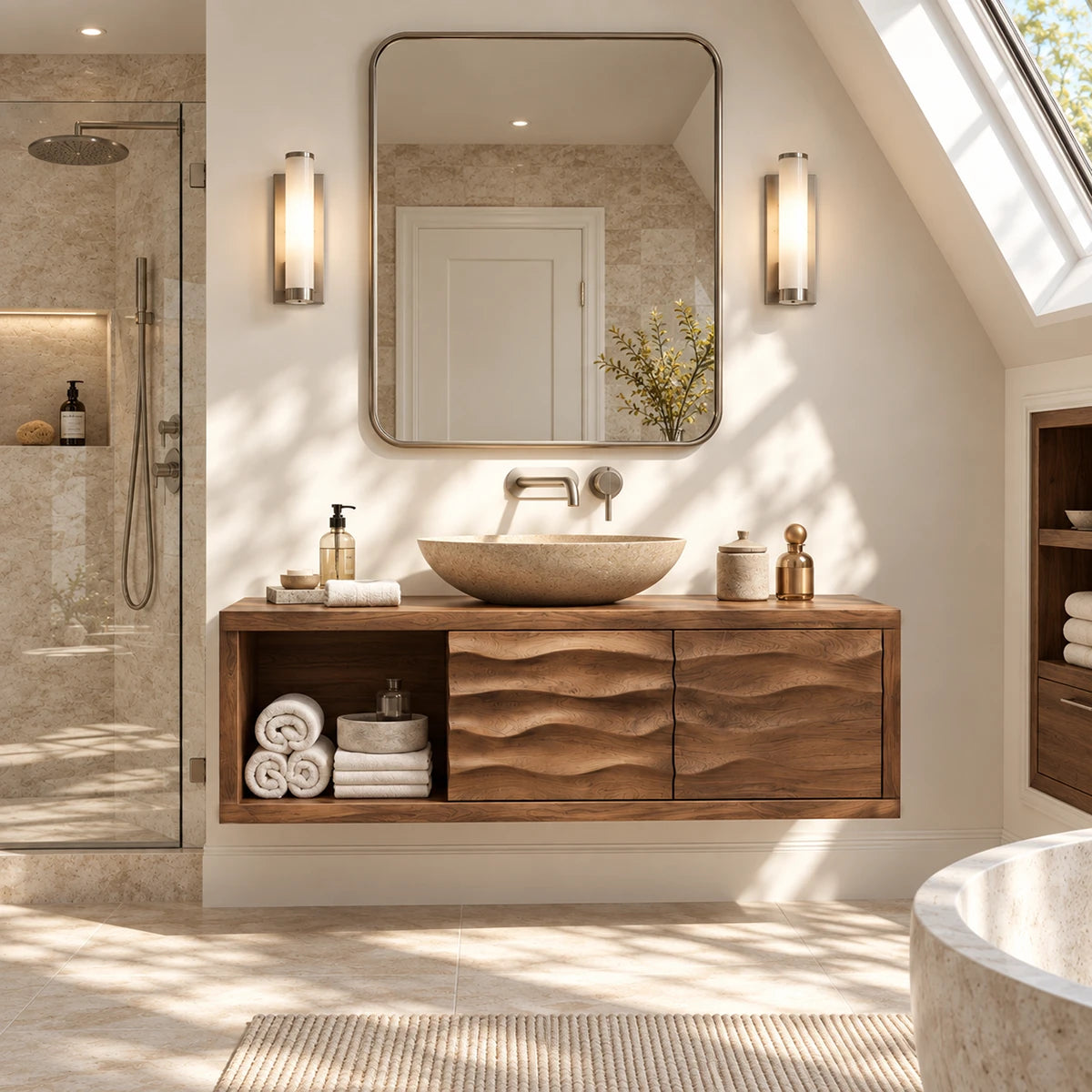 Wall hung bath cabinet in natural solid wood with relief fronts and open side storage