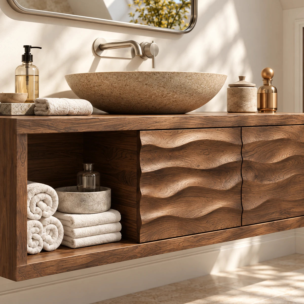 Asymmetric bathroom vanity in natural solid wood with carved panels and linen cubby