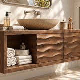 Asymmetric bathroom vanity in natural solid wood with carved panels and linen cubby