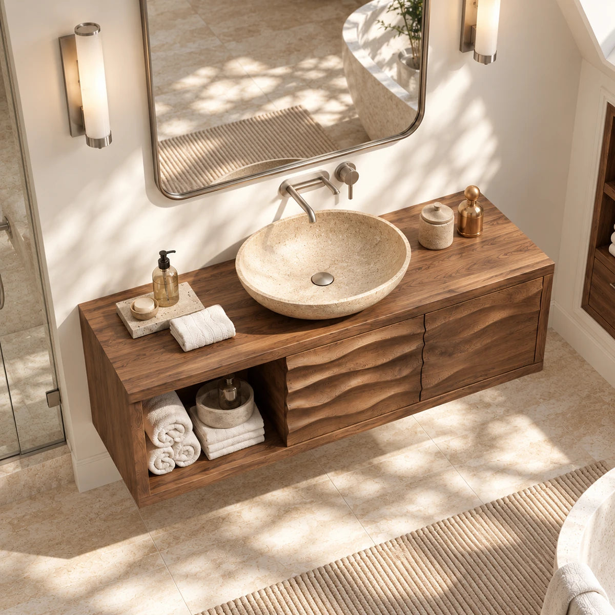 Artisan bath furniture in natural solid wood with flowing door relief and open shelving