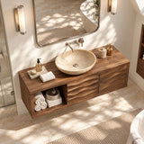 Artisan bath furniture in natural solid wood with flowing door relief and open shelving