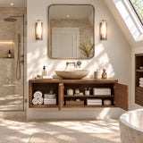 Compact floating vanity in natural solid wood with two carved doors and towel storage