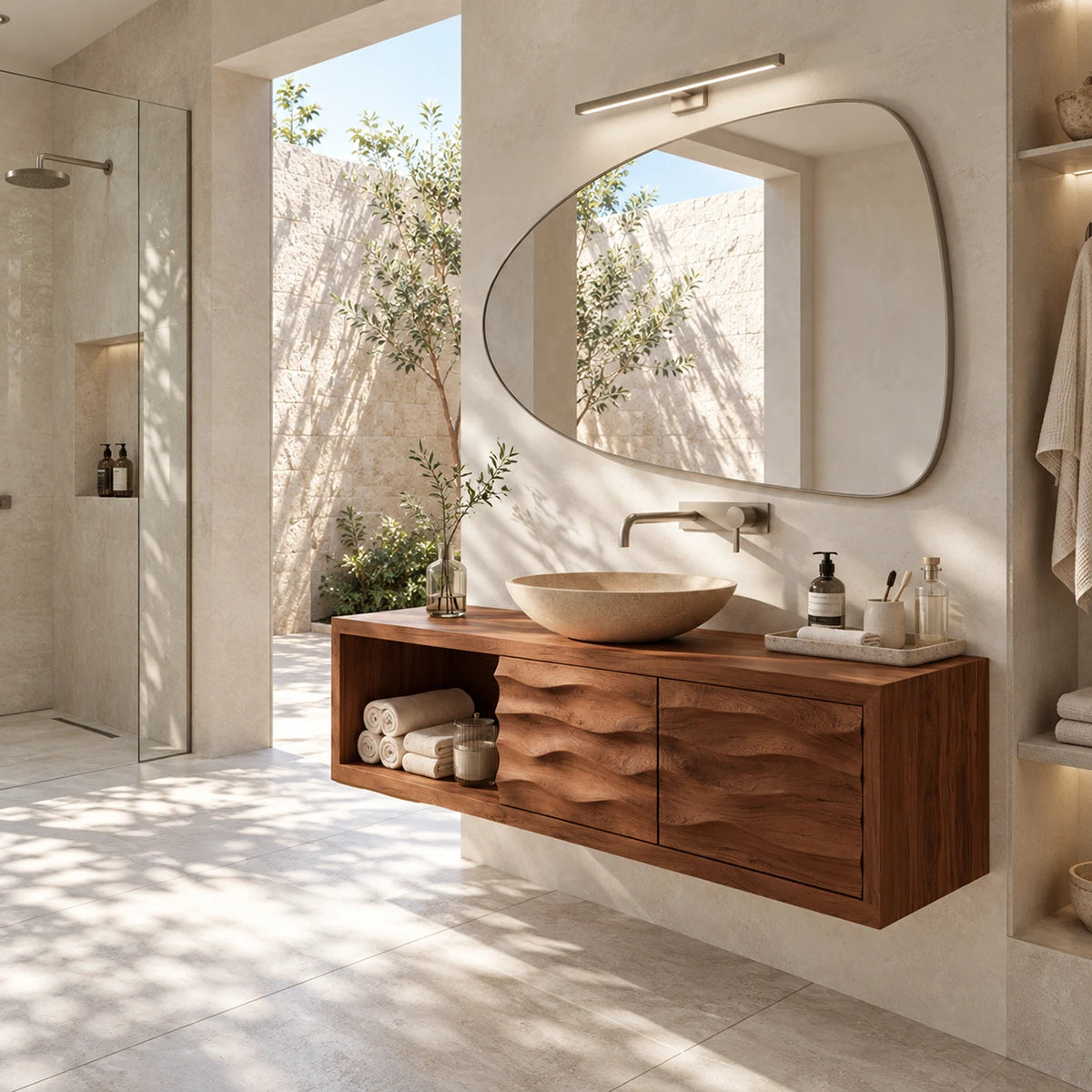 Natural solid wood bath cabinet featuring sculpted fronts and an integrated side shelf