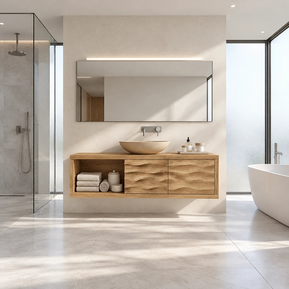 Organic modern vanity in natural solid wood with textured doors and open linen space