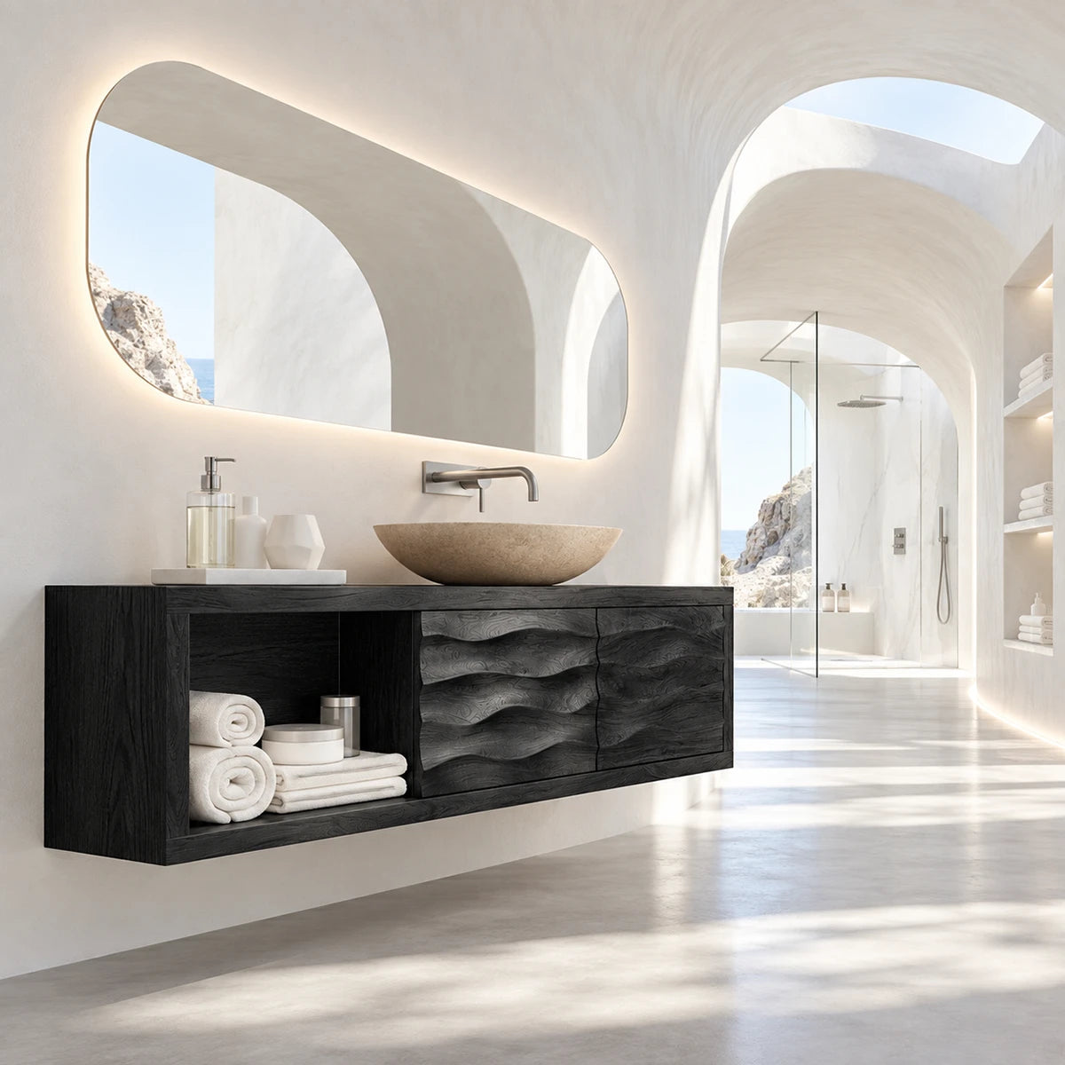 Side shelf bathroom vanity in natural solid wood with carved double doors and storage