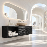 Side shelf bathroom vanity in natural solid wood with carved double doors and storage